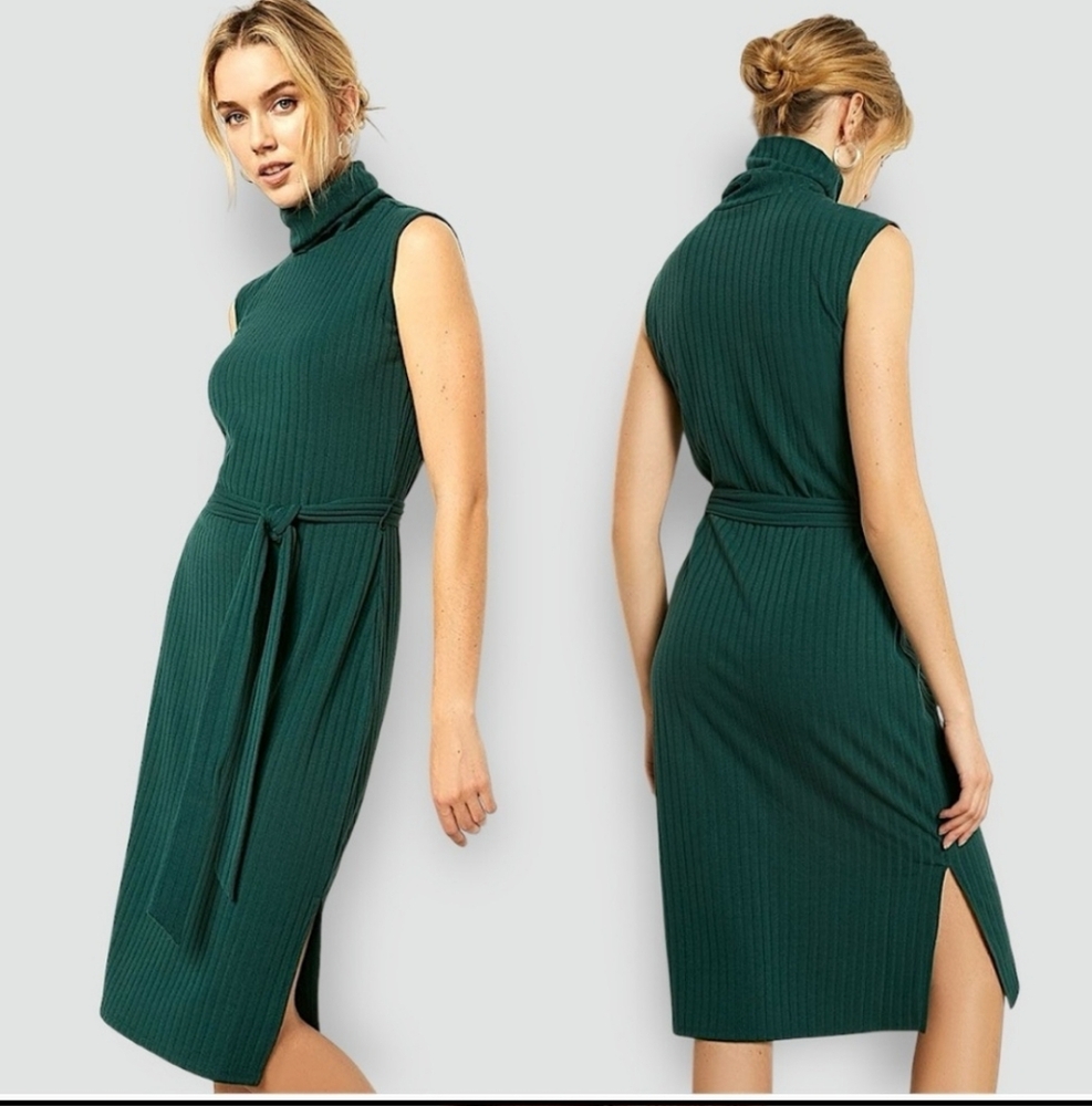 RW&CO. Brown Sleeveless Knit Dress – Mock Neck – Belted